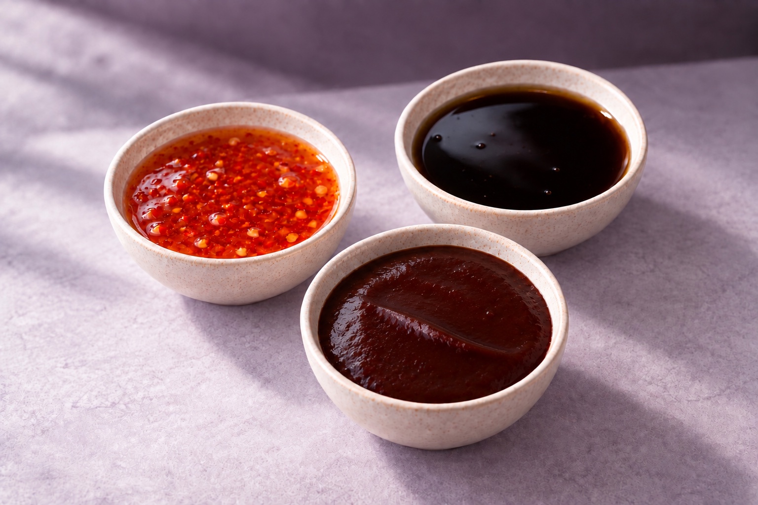 Three bowls of sweet chili, teriyaki and barbecue sauce — a concept image